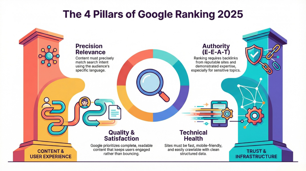 Infographic illustrating four key Google Search ranking factors: precision, authority, quality, and technical health.