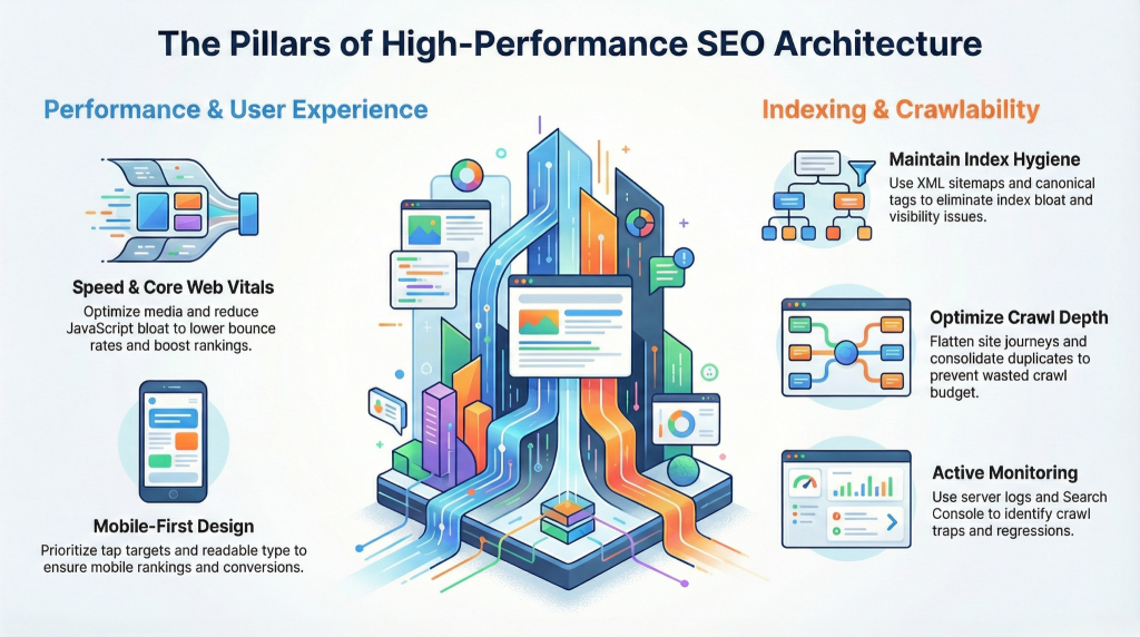 SEO architecture diagram outlining pillars for performance, user experience, and indexing.