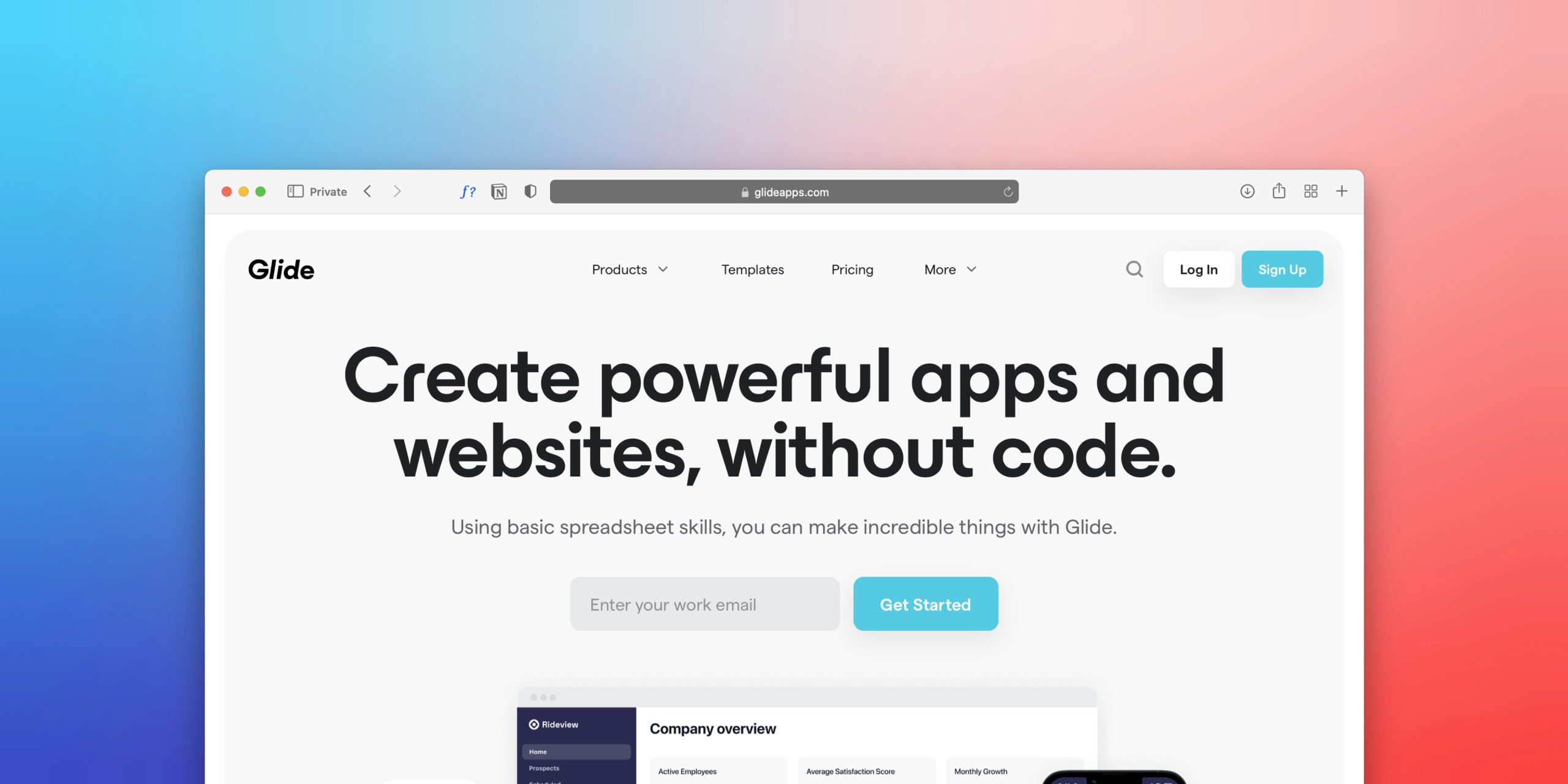 Glide platform homepage for creating apps and websites without code using spreadsheets.