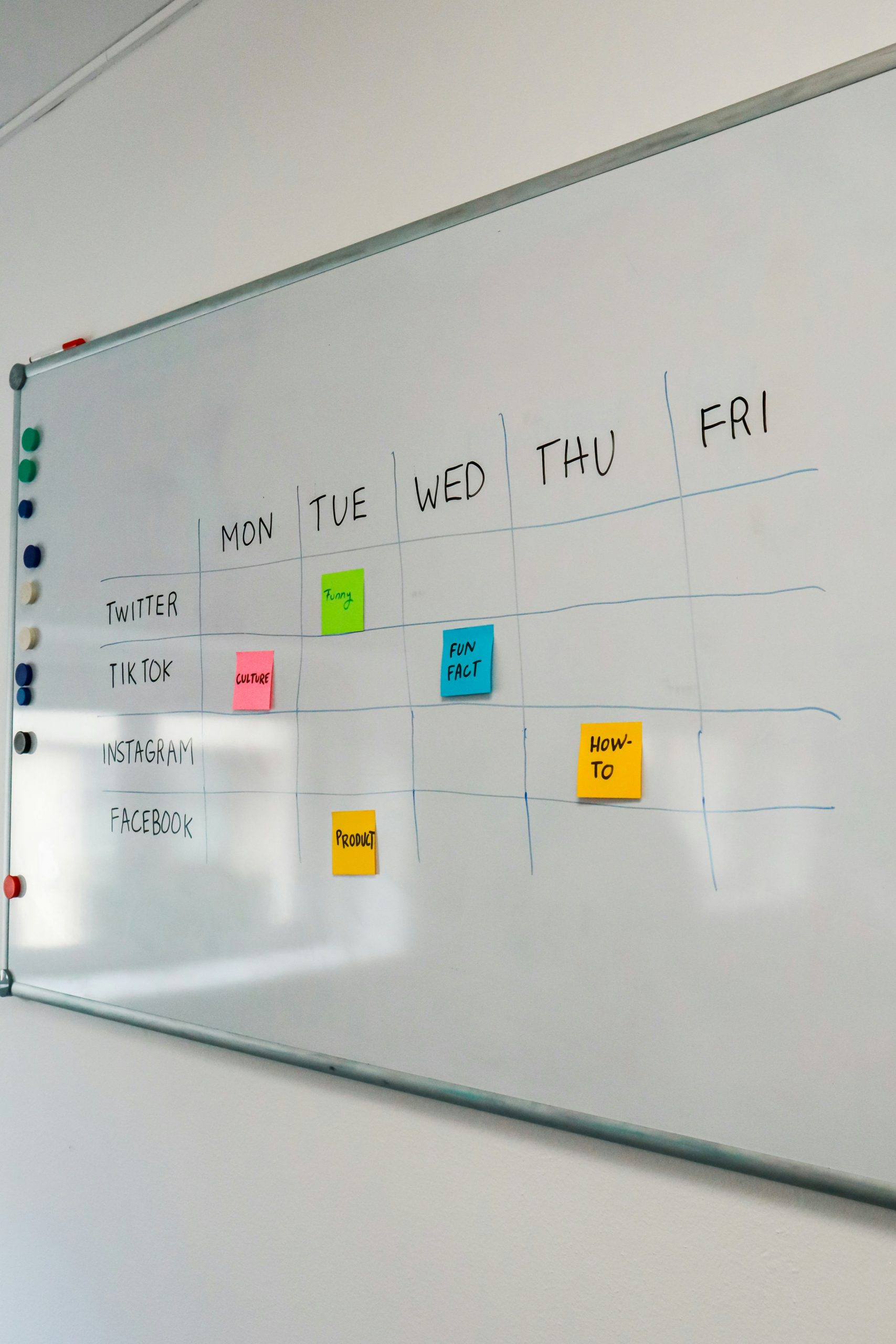 Whiteboard social media content planner organizing posts by day and platform.